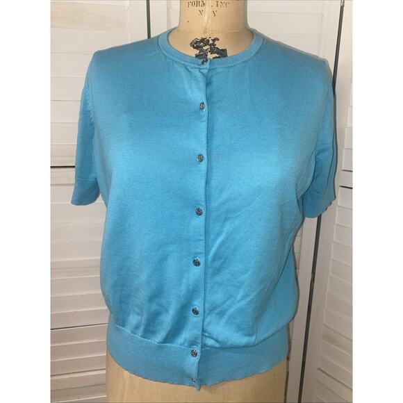 ANN TAYLOR Turquoise Knit Blouse Button Front Sz L Rayon Blend Career Silk Blnd - Picture 1 of 8